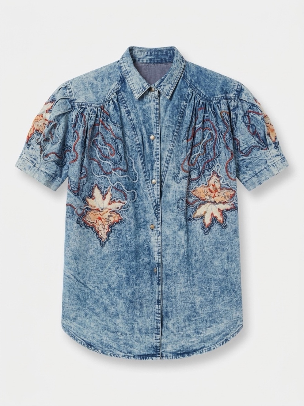 Vintage Acid Wash Denim Short Sleeve Shirt Handcrafted Applique Puff Sleeve M/L
